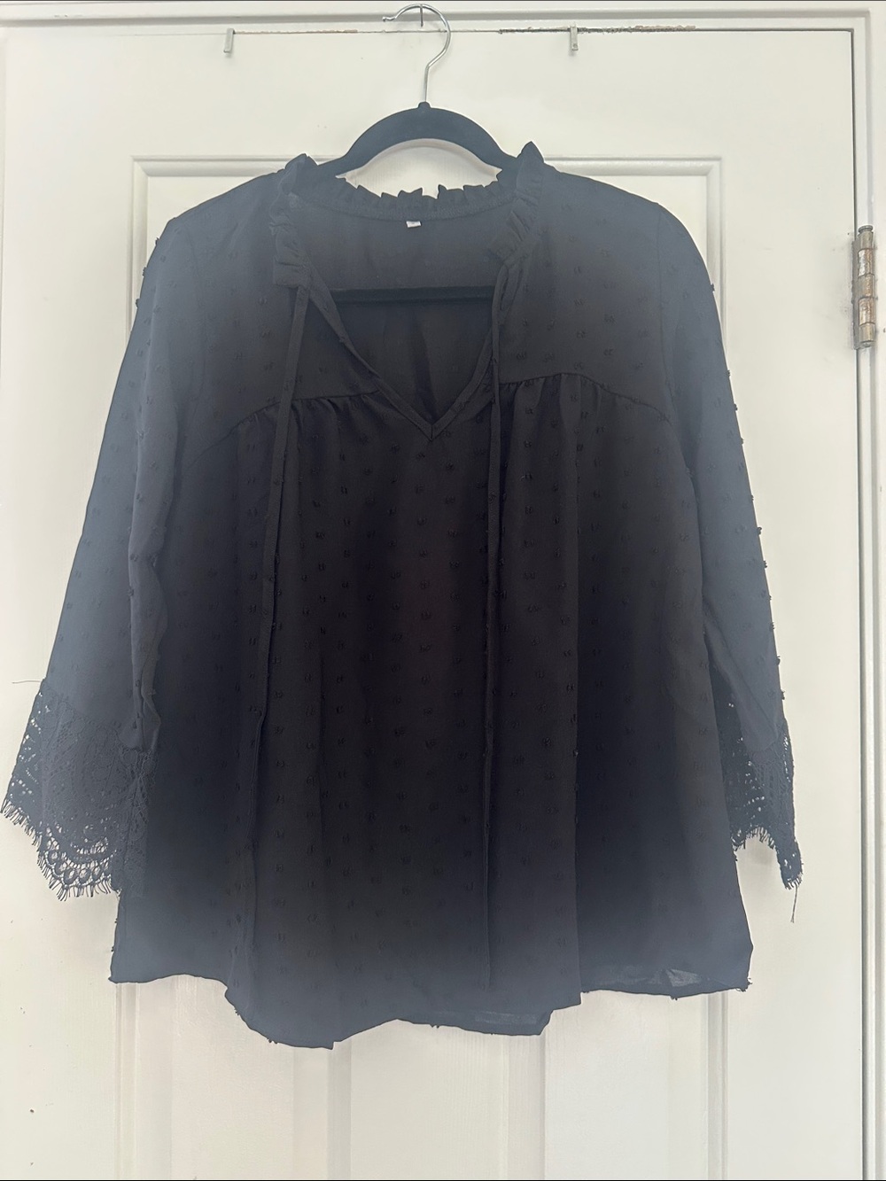 Black Swiss Dot Lace-Trim Peasant Blouse - Women